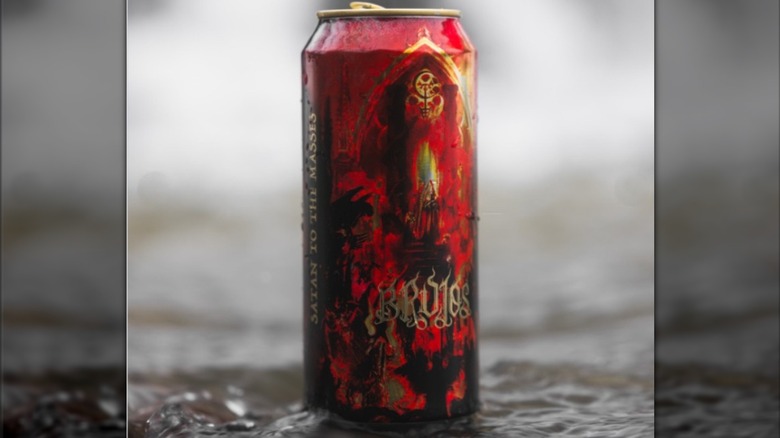 A single red can of Brujos Brewing Satan to the Masses.