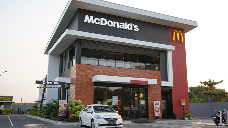 Exterior of a grey and brick McDonald's