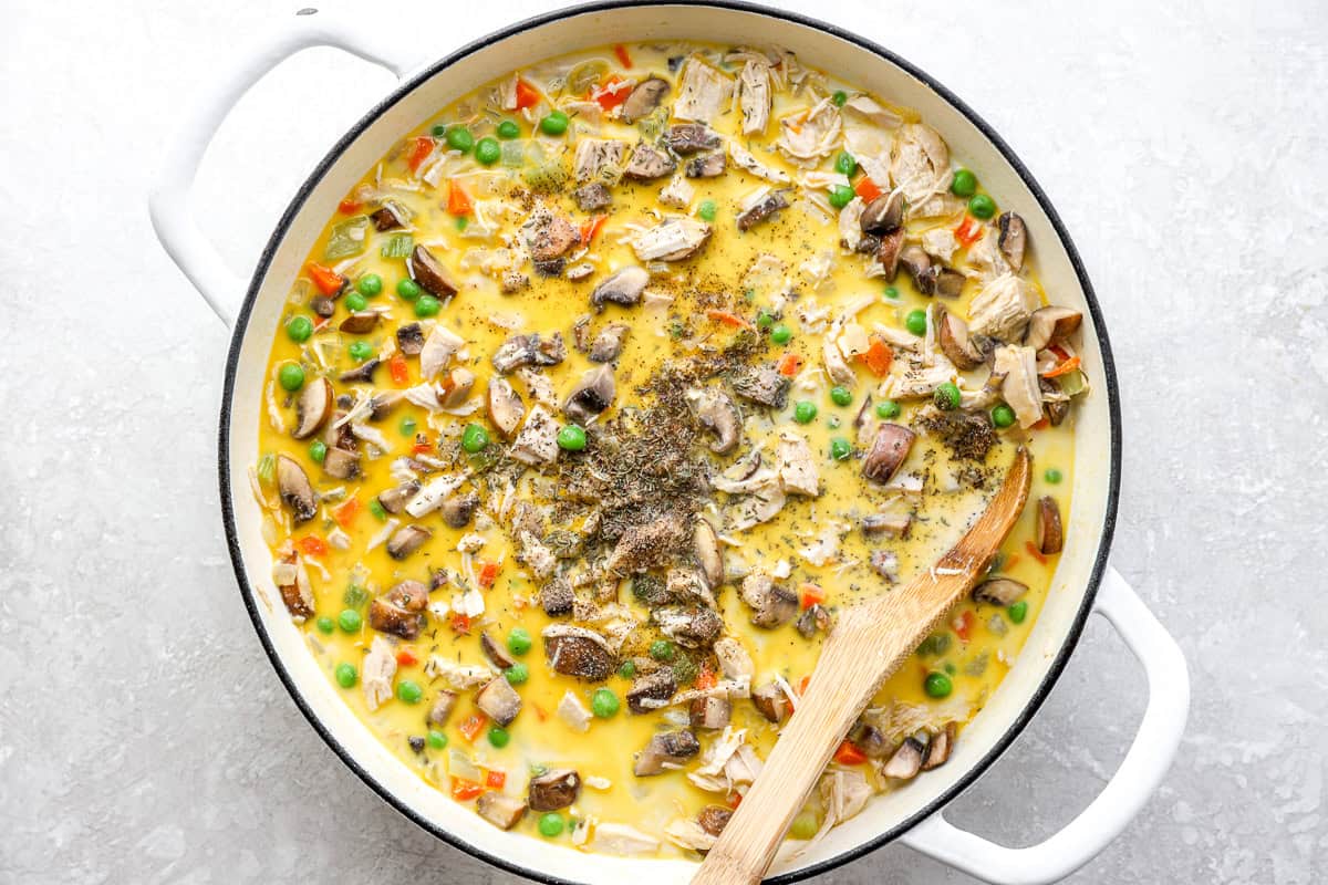 Creamy chicken pot pie filling with mushrooms and peas in a skillet, topped with black pepper and dried thyme.
