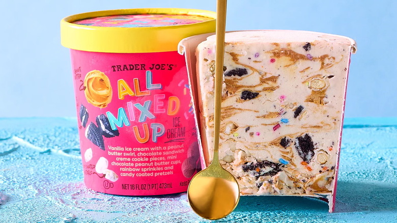 Pint of TJ's All Mixed Up ice cream split in half with spoon