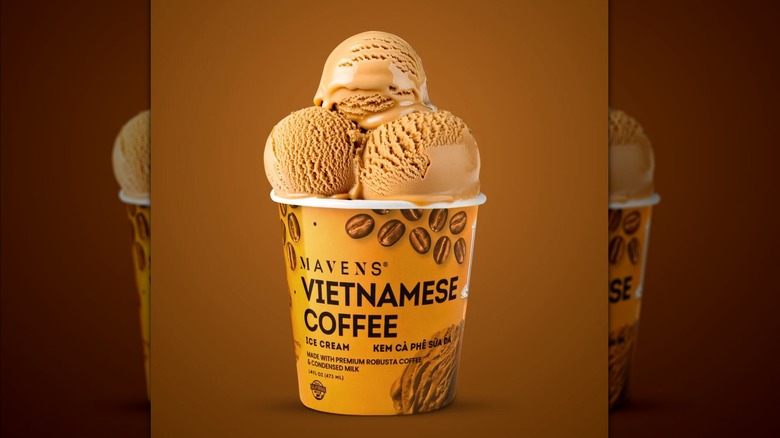 pint of Mavens Vietnamese Coffee flavor with three scoops on top