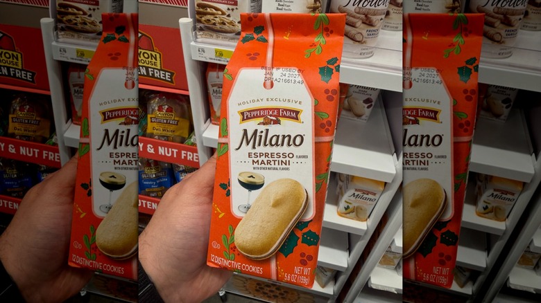A hand holding a package of Pepperidge Farm Milano Espresso Martini cookies at store