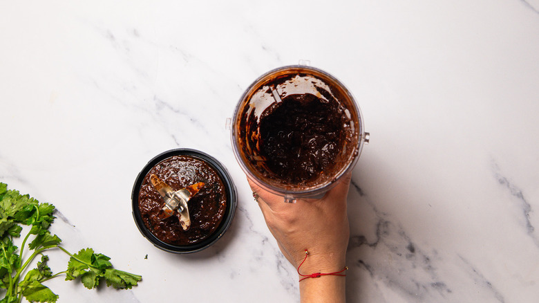Hand holding blended chiles in blender