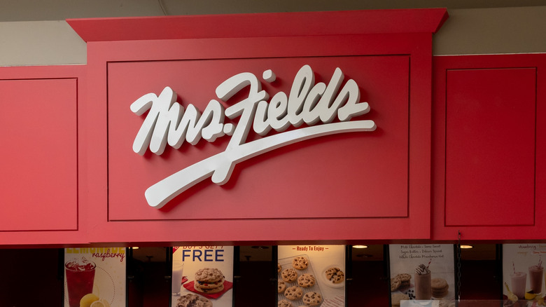 A red sign that says Mrs. Fields