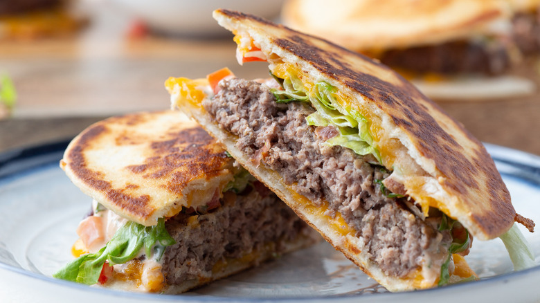 Sliced quesadilla burger with cheese