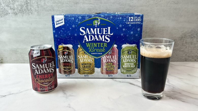 variety pack of Sam Adams beer, can of beer, and glass of beer