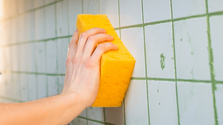 Worker cleaning kitchen backsplash