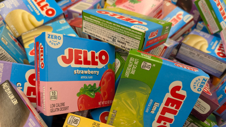 Assorted boxes of Jell-O in a pile
