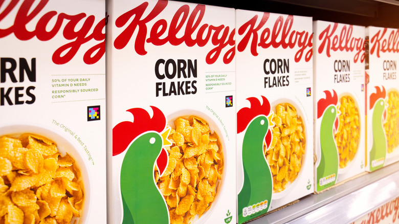 Boxes of Kellogg's Corn Flakes on the shelf at store